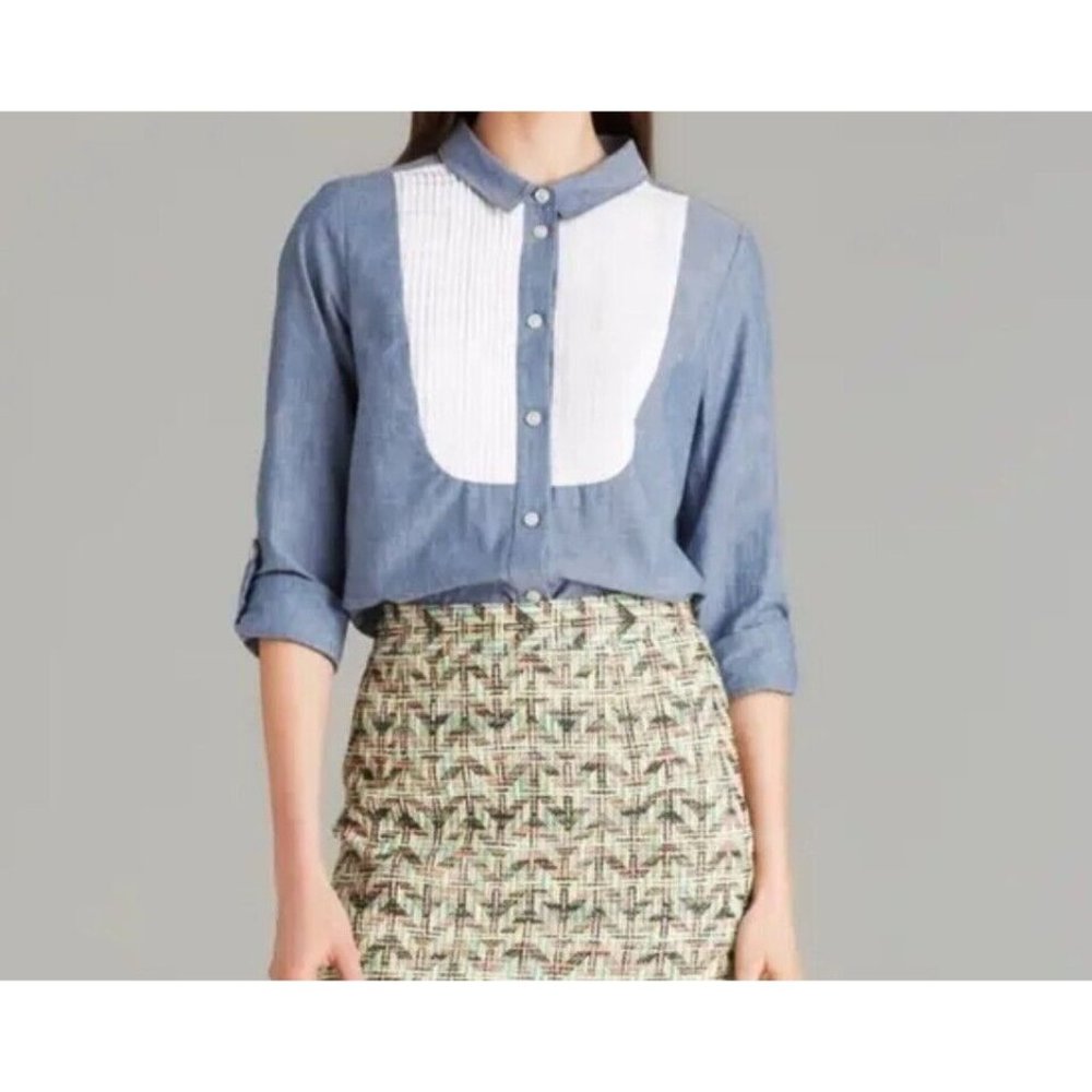 Kate Spade New York Chambray White Tuxedo Button Front Shirt Blouse Size 10